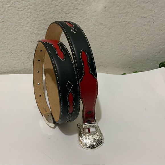 New Justin Black Red white stitches leather Belt unisex Size 32